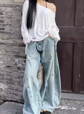 美式水洗做旧浅色微喇牛仔裤女秋冬季设计感小众显瘦阔腿长裤ins