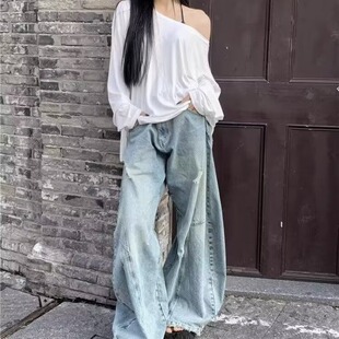 美式水洗做旧浅色微喇牛仔裤女秋冬季设计感小众显瘦阔腿长裤ins