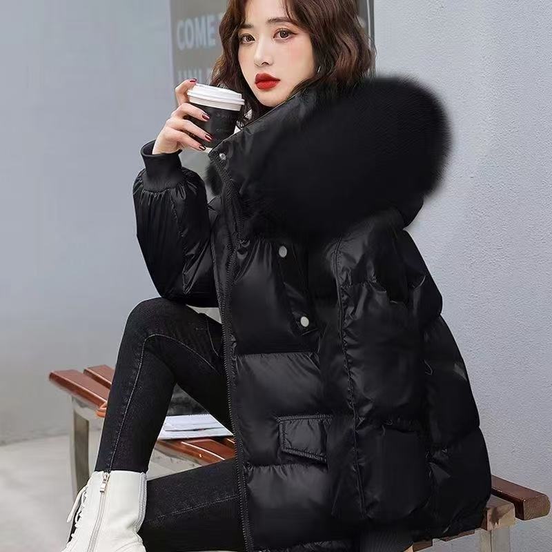 羽绒服亮面免洗女短款韩版时尚大毛领宽松面包服爆款白鸭绒厚