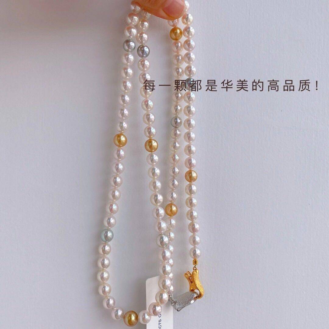 日本珠宝展老爷爷极光珍珠项链奄美金珠akoya无调色天然色糖果色