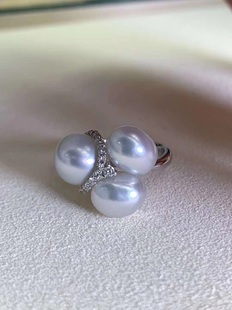 日本制成品澳白keshi野生无核珍珠8-10银冷光色泽18k白金钻石戒指
