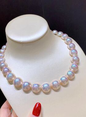 日本白色极光炫彩白马贝珍珠全珠满珠项链串链18K金卡扣色彩虹珠