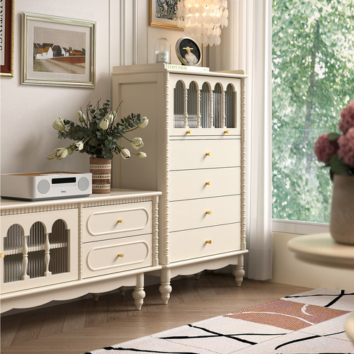 中古风奶油风实木多抽屉翻门斗柜