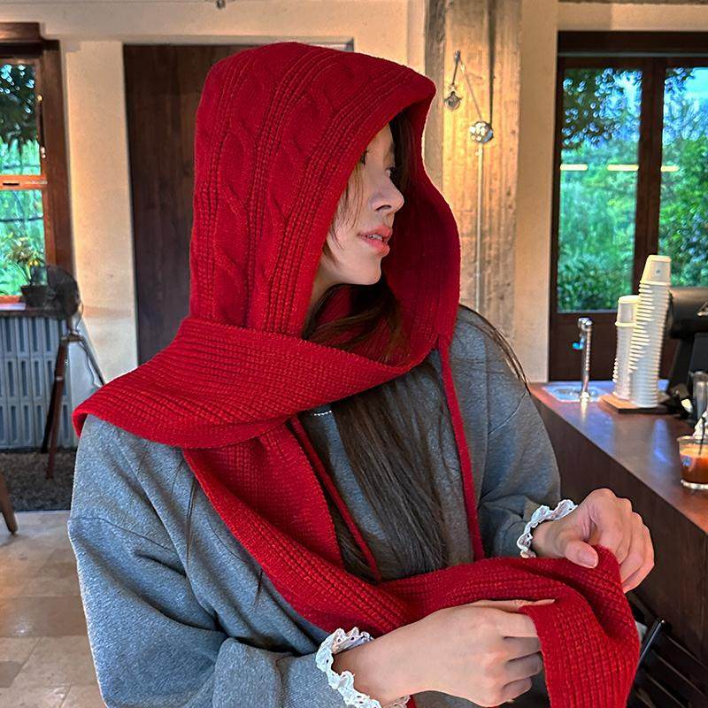酒红色连帽针织披肩女毛线帽子围脖一体抽绳秋冬季保暖麻花针织帽,服饰配件/皮带/帽子/围巾,围巾/丝巾/披肩,淘宝优惠券,粉丝福利购,淘宝优惠卷