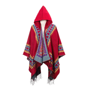 红色连帽披肩秋冬民族风保暖毯子青海西藏旅行穿搭披风斗篷外套女