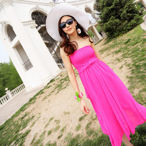 复古艳丽雪纺松紧抹胸款连衣裙中裙沙滩裙泰国海边度假海南三亚