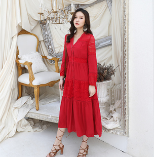 淑女红色蕾丝拼接纯棉海南三亚旅游长袖连衣裙中长裙沙滩裙旅拍