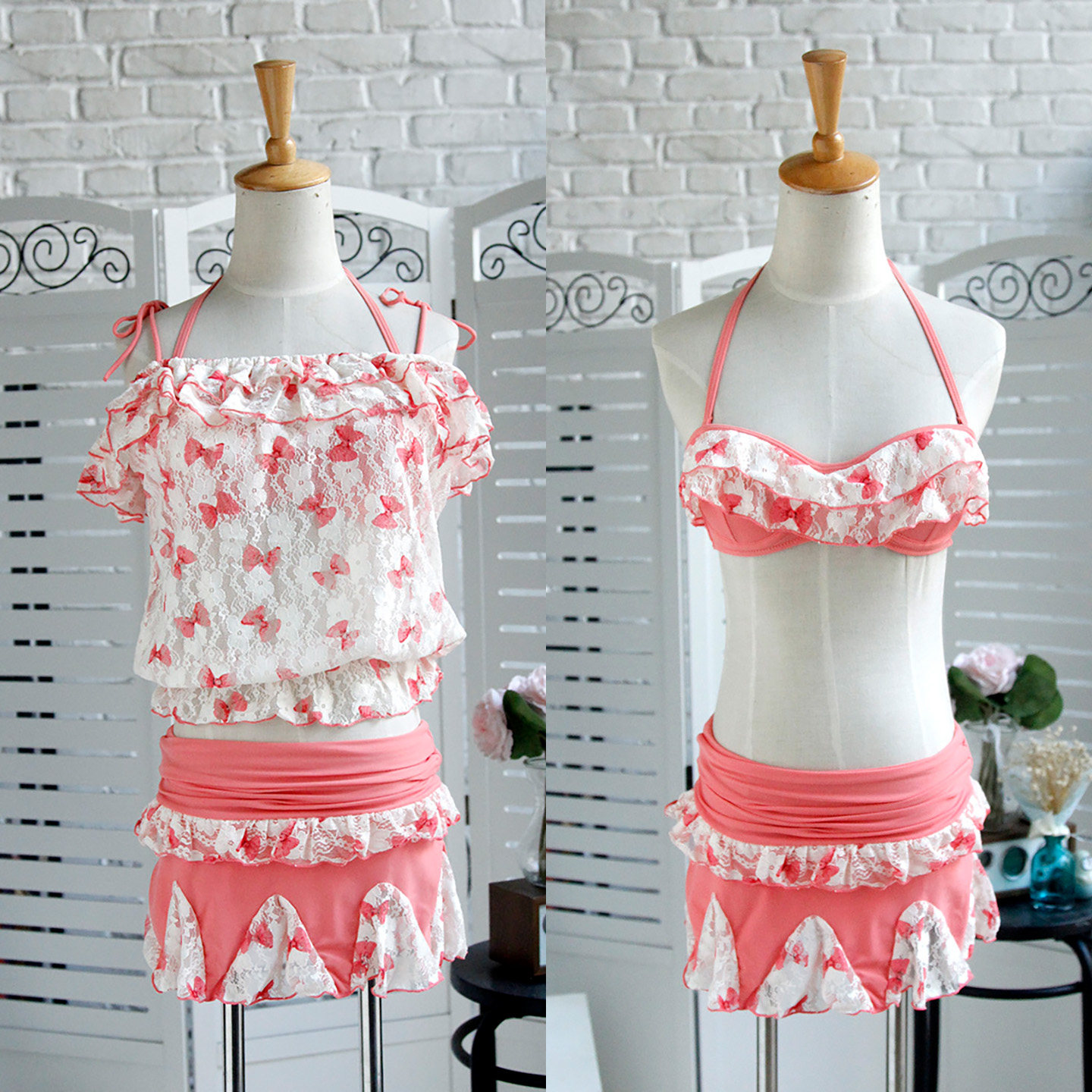 甜美可爱蕾丝荷叶边分体泳衣三件套泳装比基尼罩衣韩版小胸温泉