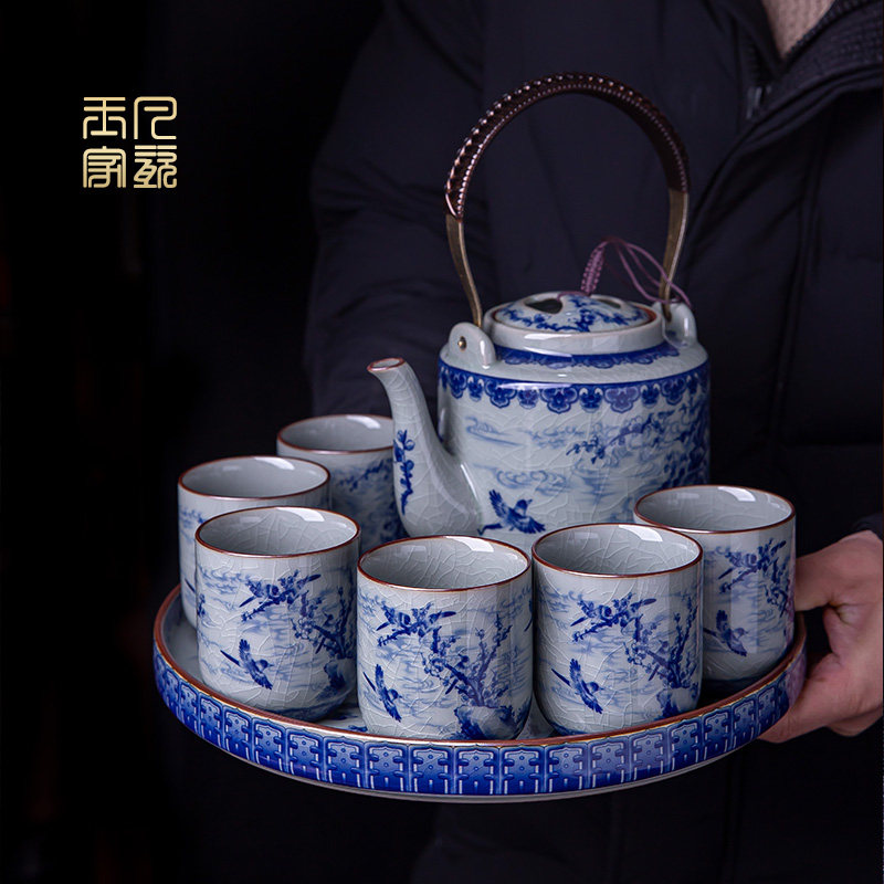景德镇青花瓷茶具套组高档陶瓷大容量提梁壶功夫茶杯茶盘茶壶整套