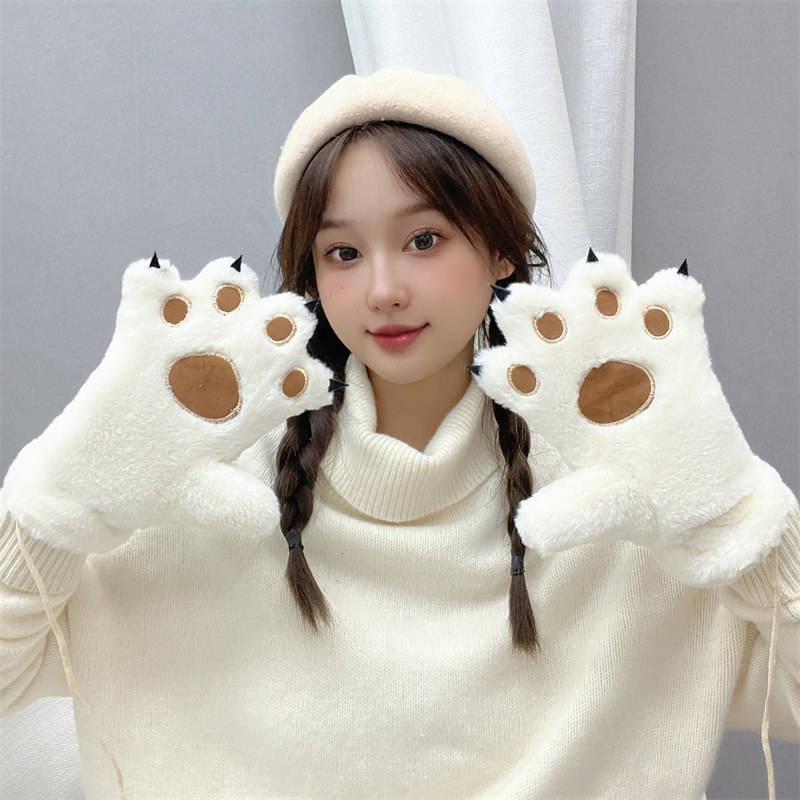 猫爪熊掌手套男女学生韩版冬季加绒加厚全指网红可爱毛绒防寒保暖
