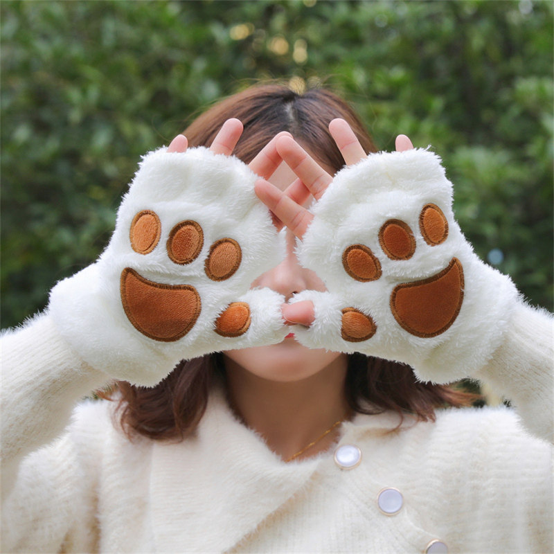 可爱ins猫爪手套女冬季韩版骑车学生防寒加厚加绒保暖露半指手套