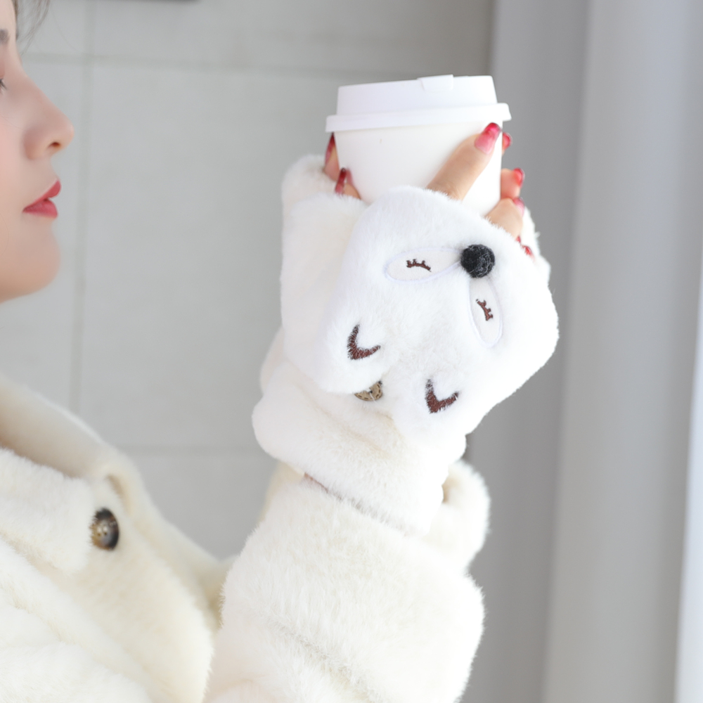 狐狸熊猫小狗绒翻盖半指手套女生