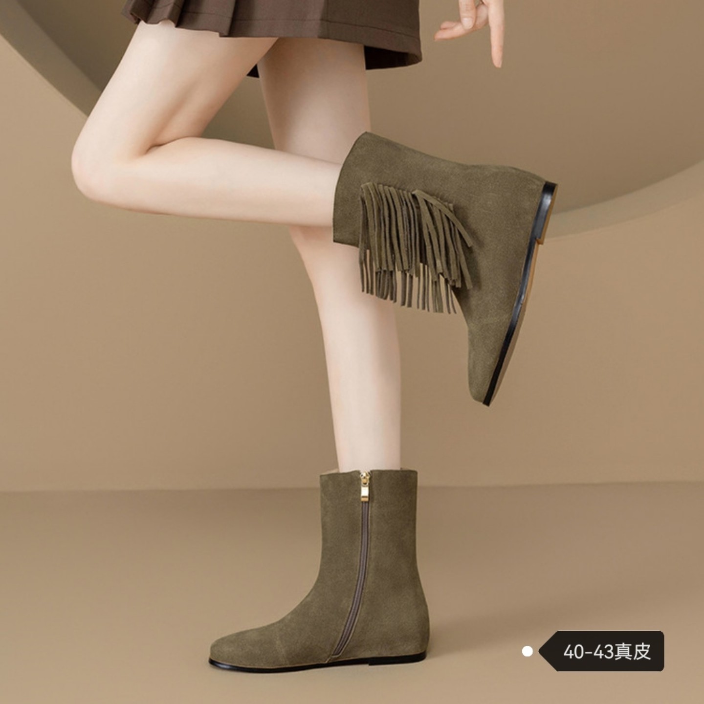 真皮磨砂皮短靴女2025秋冬新西部靴