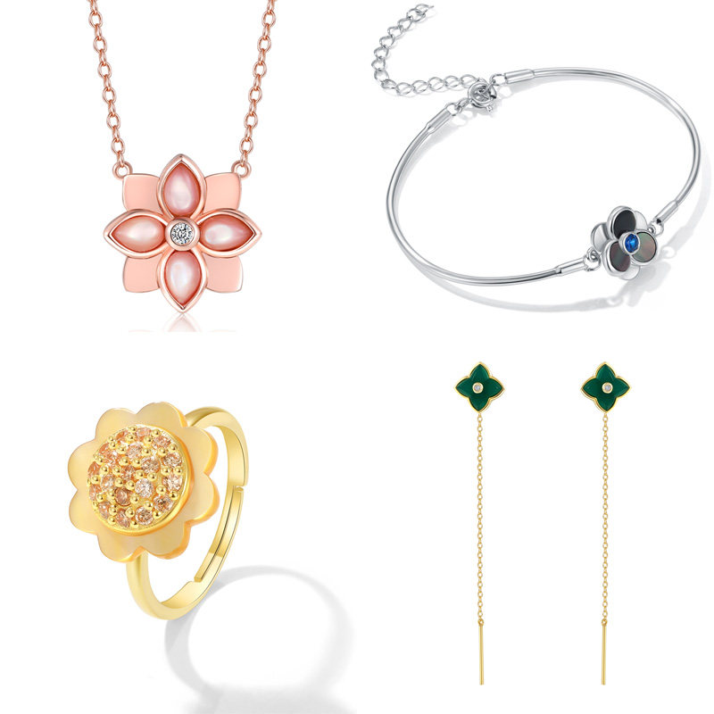 灵机麦玲玲海棠玫瑰金手链耳环戒指项链四件套轻奢小众礼物饰品