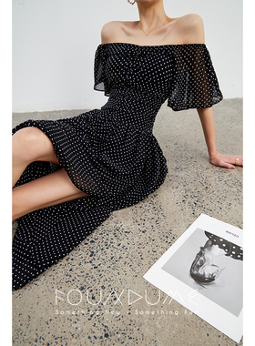 Foundume 小波点雪纺开叉露肩长款收腰显瘦修身长款连衣裙女