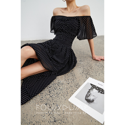 Foundume 小波点雪纺开叉露肩长款收腰显瘦修身长款连衣裙女