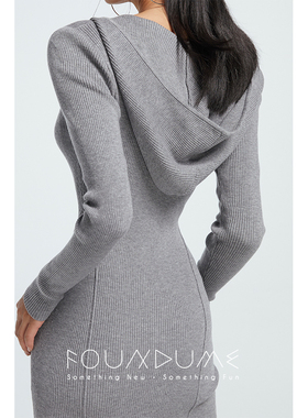 Foundume 骨线分割修身收腰带帽V领拉链式针织连帽连衣裙女中长款