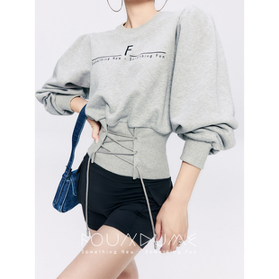 Foundume 泡泡袖“F”印花收腰抽绳短打箱式廓形设计感卫衣