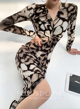 Foundume 2022早春新款豹纹蝴蝶花腰间扭结收腰显瘦长袖连衣裙女
