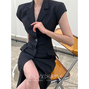 Foundume  黑藏青竖条纹色织枪驳领马甲西装连衣裙女中长款