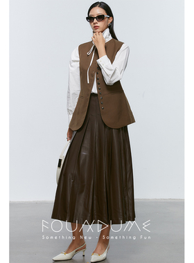 Foundume 蛋白PU皮美拉德咖驼色百褶长半裙高腰半身皮裙女