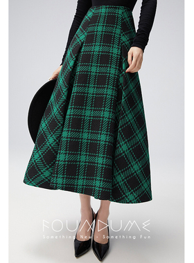 Foundume  苏格兰经典极简褶裥大格纹伞裙半身裙女格子复古高腰
