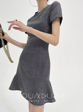Foundume 2022夏季新款精纺羊毛鱼骨分割收腰显瘦短袖鱼尾连衣裙