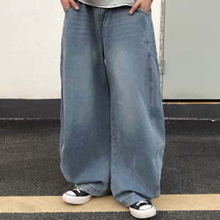 Kid 阔腿直筒磨白水洗休闲 The1one复古弯刀宽松牛仔裤