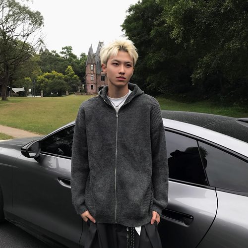 针织格子连帽开衫男士秋冬