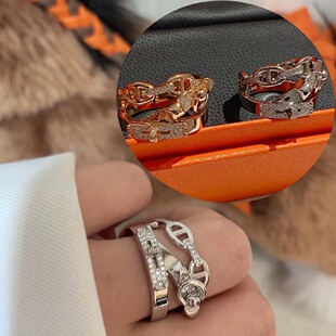 玫瑰金满钻凯莉戒指猪鼻子双层对戒食指指环小众设计女时尚 潮 个性