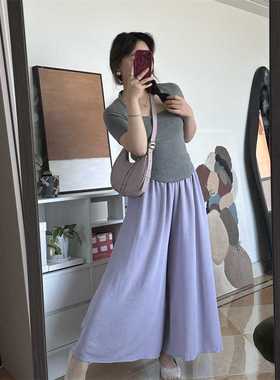 Something叁熏 休闲阔腿裤黑色紫色显瘦微胖女孩松紧腰裤子