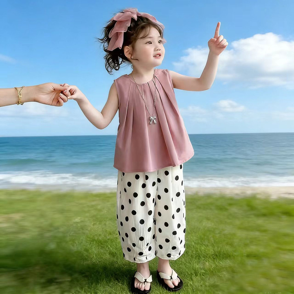 女童韩版甜美夏装套装儿童夏季洋气波点阔腿裤女孩薄款背心两件套