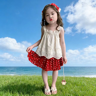 女童薄款可爱风波点两件套2026夏季新款宝宝吊带百搭短裙套装夏装