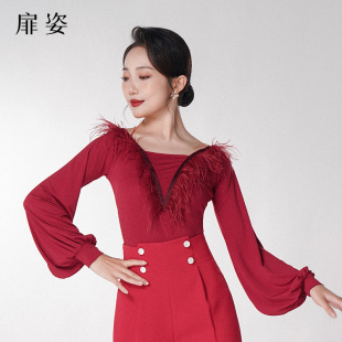 专业华尔兹交谊舞练功服秋冬时髦连体上衣 扉姿摩登舞服女飘逸长袖