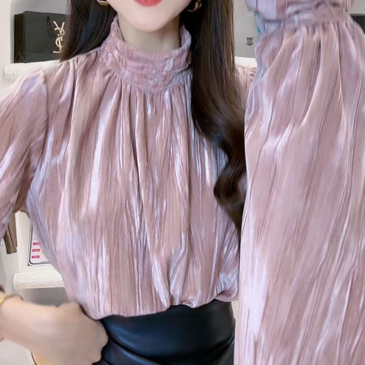 金丝绒衬衫女长袖秋冬新款高级感法式设计感洋气立领上衣打底衫女