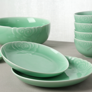 青瓷盘子陶瓷家用菜盘创意中式祥云餐具大中小号深盘汤盘水果盘子