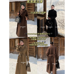 辛迪AmoreAngel轻奢名媛原创翻领设计加厚磨毛呢大衣配腰带25105