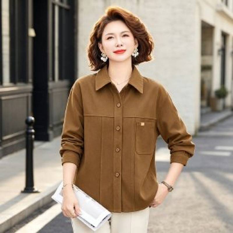 专柜品牌妈妈春秋长袖衬衫女士新款百搭开衫纯色上衣中老年秋冬装