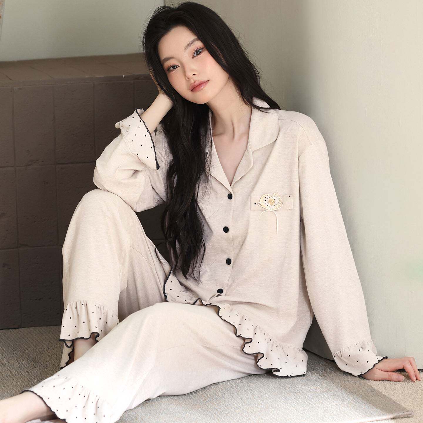 专柜品牌长袖长裤春秋季棉质睡衣女韩版宽松简约休闲新款时尚家居