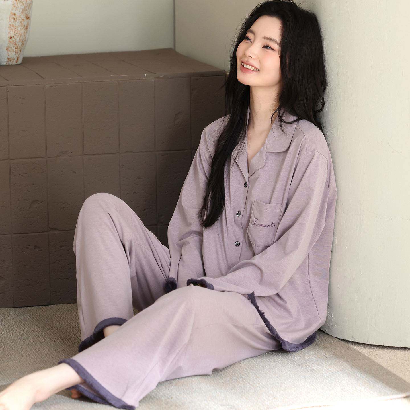 专柜品牌长袖长裤棉质开衫睡衣翻领女士新款韩版休闲简约家居服两
