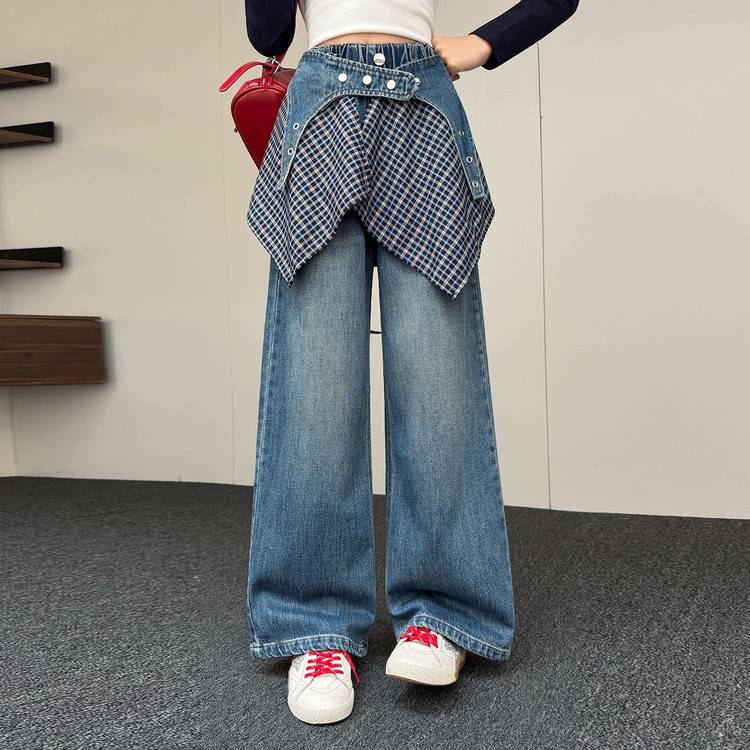 专柜品牌中大童洋气裤子秋装女童牛仔长裤韩版直筒裤女孩春秋宽松