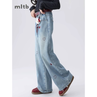 专柜品牌女大童加绒裤子秋冬季2025新款初中生女孩一体绒加厚牛仔