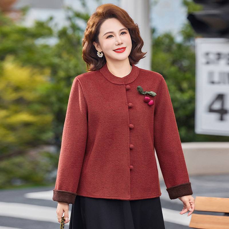 专柜品牌春秋新款妈妈装优雅中老年女士毛呢大衣外套立领樱桃装饰