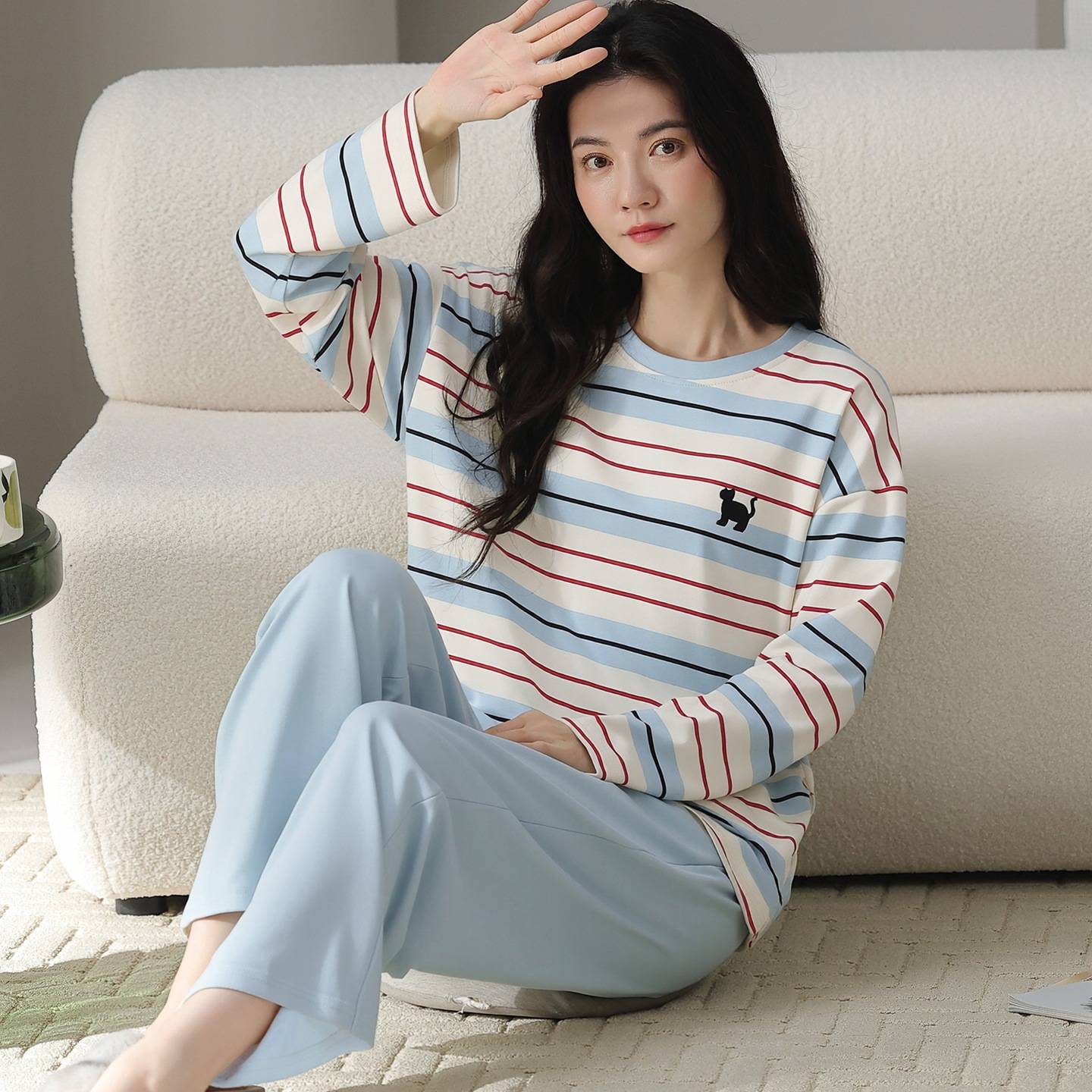 专柜品牌中年妈妈春秋纯棉圆领套头睡衣女素雅简约透气舒适长袖长