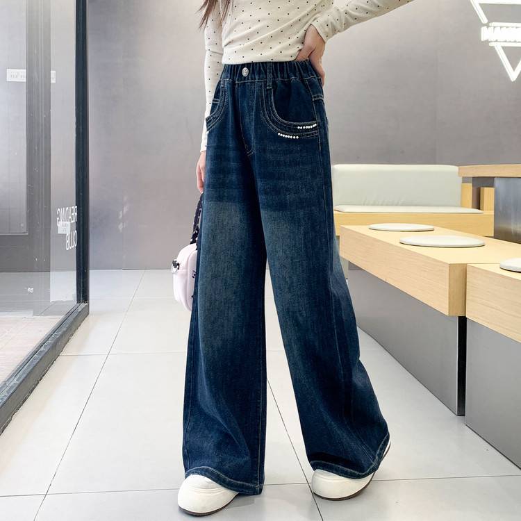 专柜品牌女童牛仔阔腿裤春秋款2026新款儿童洋气拖地裤中大童直筒