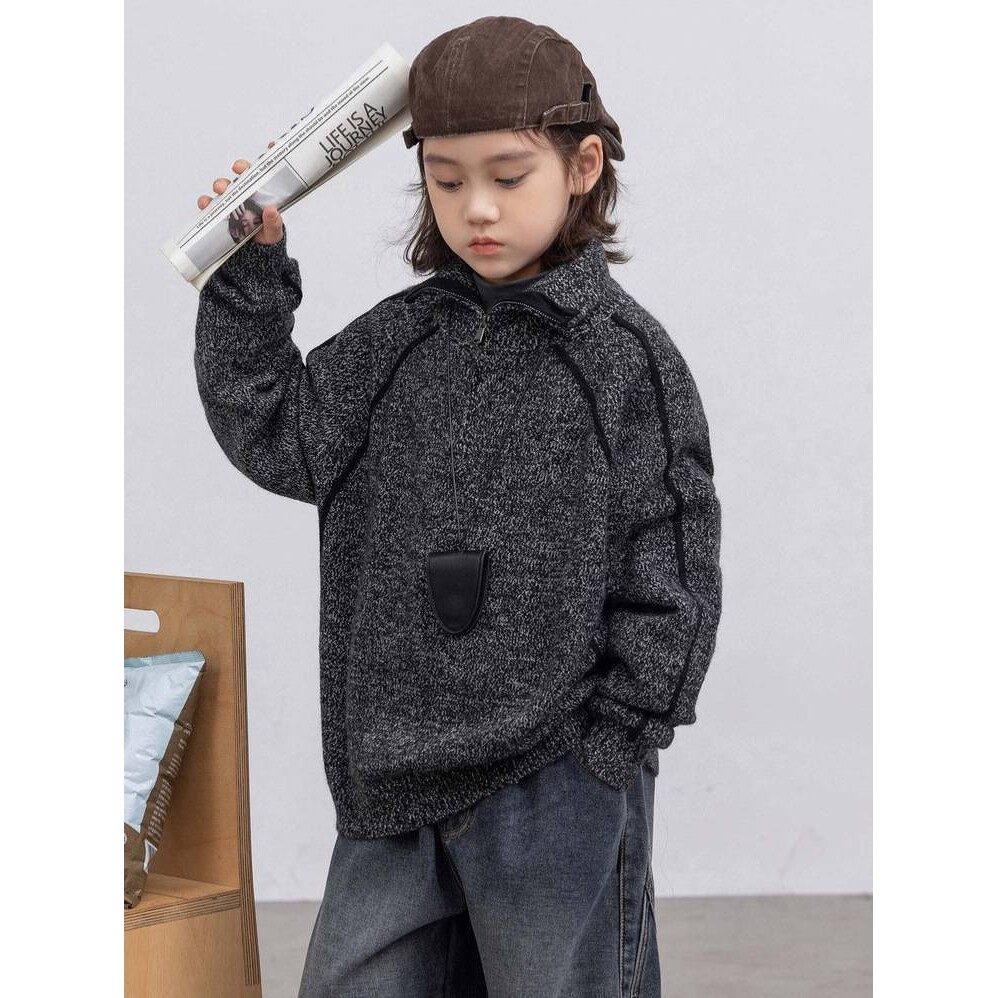 专柜品牌男童翻领毛衣2025秋冬新款中大童时尚休闲外套加厚保暖打