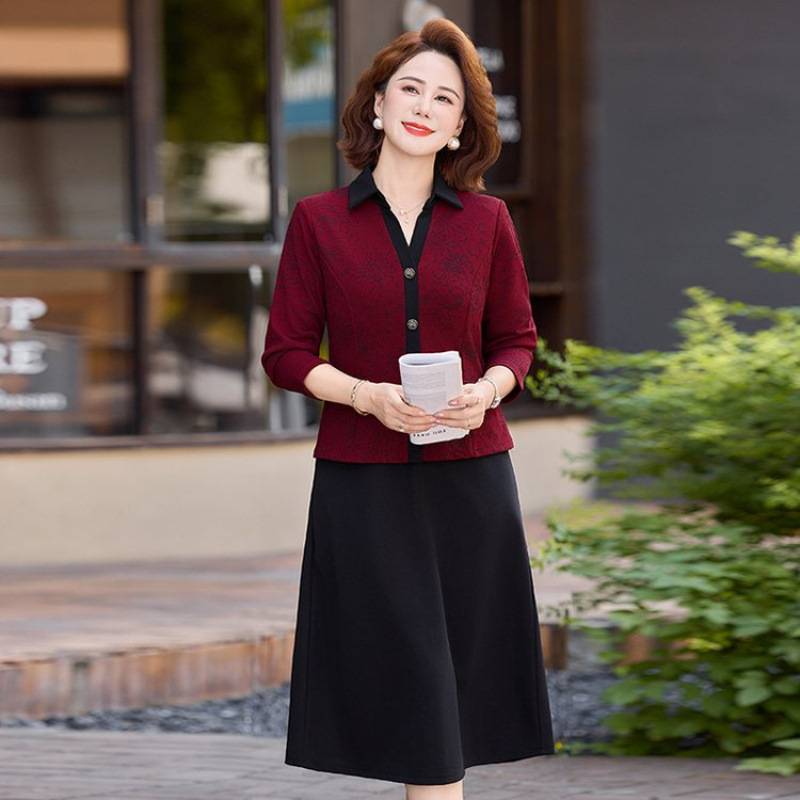 专柜品牌妈妈装假两件连衣裙中老年女装春秋时尚显瘦洋气气质裙子