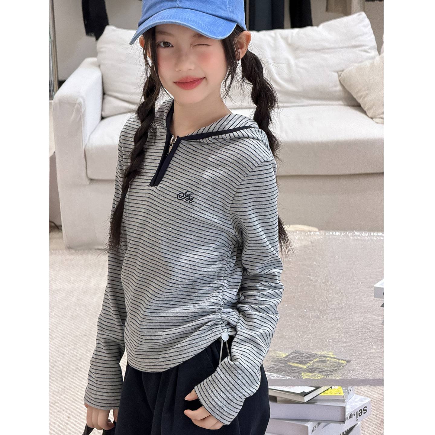 专柜品牌女童条纹长袖T恤春秋款2026新款初中生韩版打底衫大童卫