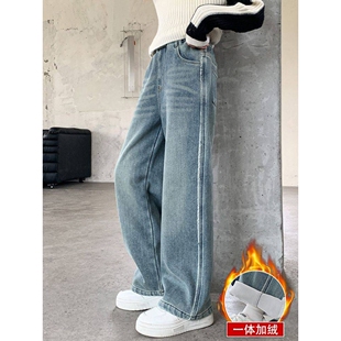 专柜品牌女大童加绒裤子秋冬装女孩加厚直筒长裤阔腿裤初中生一体