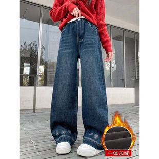 专柜品牌女童加绒裤子2025冬款新款儿童深色简约牛仔裤宽松直筒洋